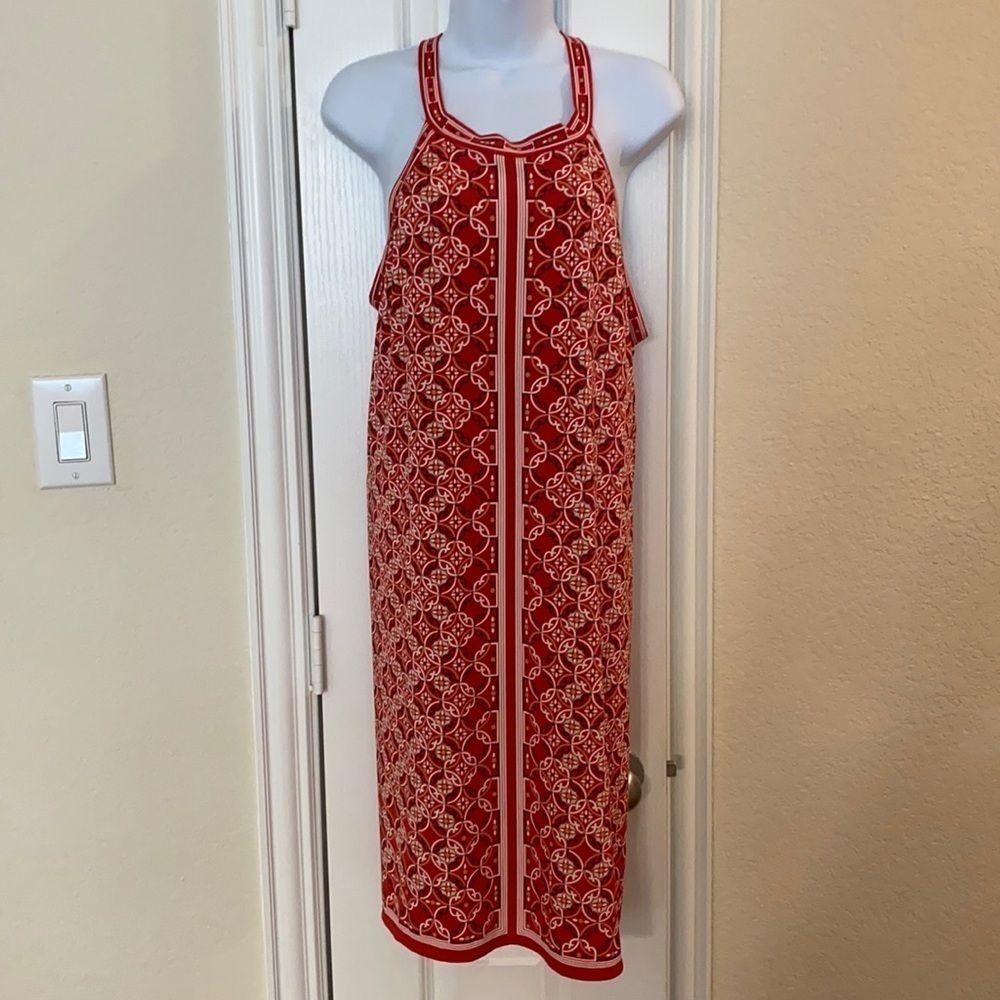 Max Studio Red and White Geometric Midi Dress
